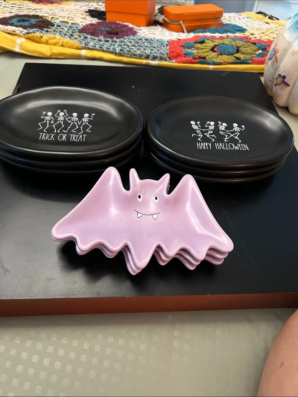 Rae Dunn Pink Bat Soon Rest or candy Holders with 6 Black Halloween Snack Plates